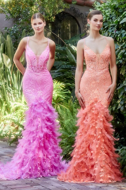 Andrea & Leo Couture A1116 Long Sheer Mermaid Feather Prom Dress Formal Gown 3D Lace This fitted dress is adorned with a floral beaded lattice print and a feather lace train with dimensional floral appliques. The mermaid silhouette of the dress hugs the body and flares out at the knees, creating a flattering and elegant shape. The lace up corset back allows for adjustable sizing and the thin straps provide a feminine and delicate touch. 