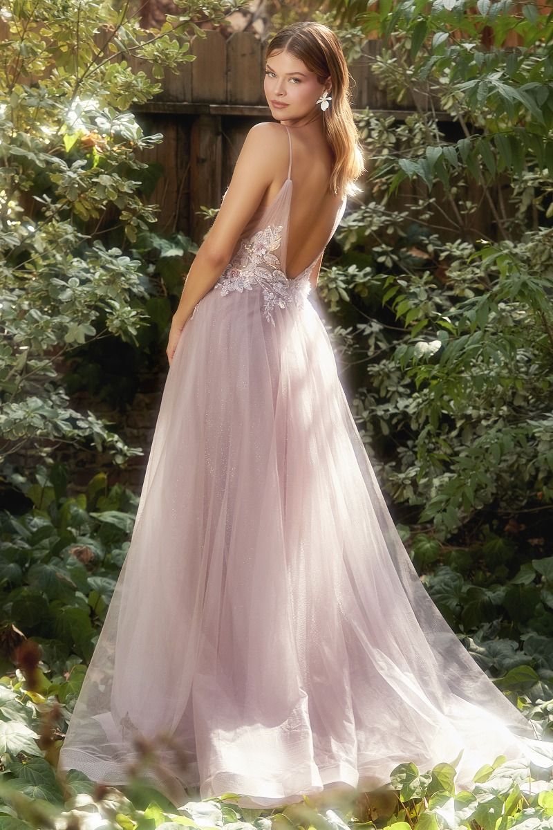 Be the belle of the ball in this stunning Ladivine A1143 Long A Line Tulle Shimmer Prom Dress. Featuring a sparkling sequin lace V-neckline, this formal gown is sure to turn heads. The A-line silhouette and tulle fabric provide a flattering fit, making you feel like a true princess. Perfect for any special occasion. Step into an enchanted world in this dazzling A-line gown. This