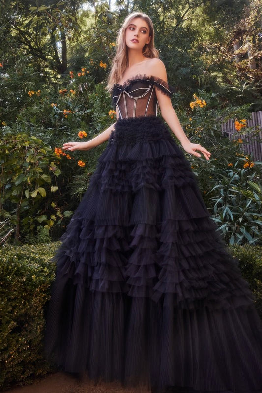 The Andrea & Leo Couture A1150 Long off The Shoulder Pleated Ruffle Ballgown Sheer Prom Dress is perfect for making a magical entrance. It features a boned, sheer bodice adorned with delicate rhinestones, ruffles and an eye-catching corset lace-up back. The elegant pleated ruffle skirt and off the shoulder sleeves provide added drama, while the corset style helps ensure a perfect fit.  Sizes: 2-14  Colors: Blue, Mauve, Yellow, Black