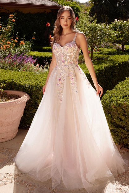 Andrea & Leo Couture A1288 A Line Sheer Corset Floral Prom Dress Sequin Lace Formal Gown White/Flowers / 16 Andrea & Leo Couture A1288 A Line Sheer Corset Floral Prom Dress Sequin Lace Formal Gown White/Flowers / 16
