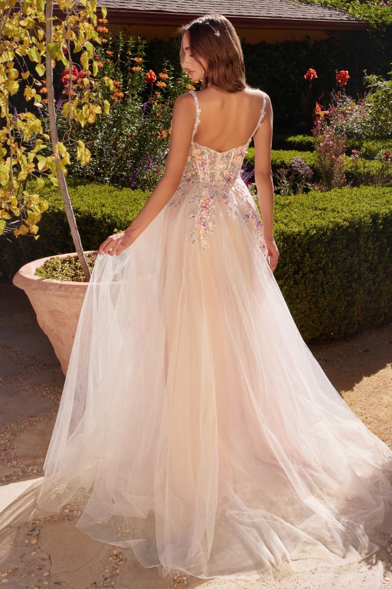 Andrea & Leo A1288 Formal Floral Prom Long Dress - White Flowers / 16 Andrea & Leo A1288 Formal Floral Prom Long Dress - White Flowers / 16