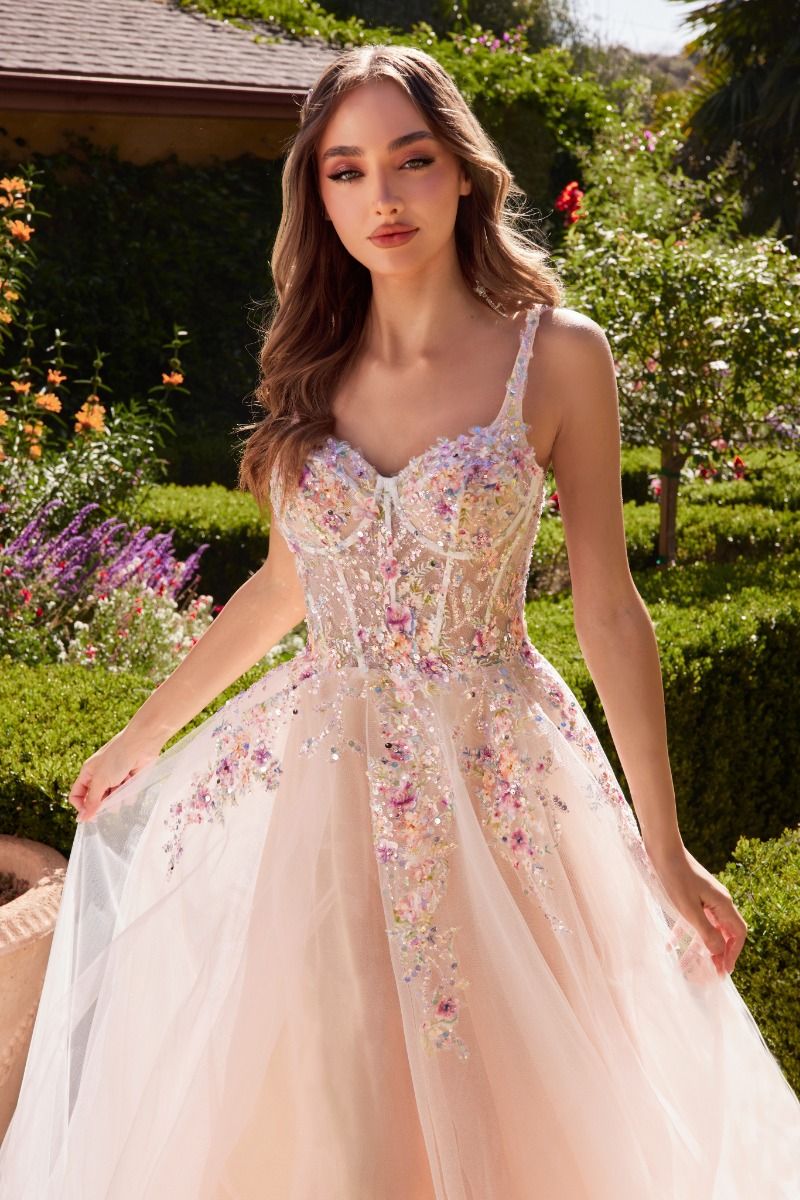 prom dress white with flowers Andrea & Leo Couture A1288 A Line Sheer Corset Floral Prom Dress Sequin Lace Formal Gown White/Flowers / 16