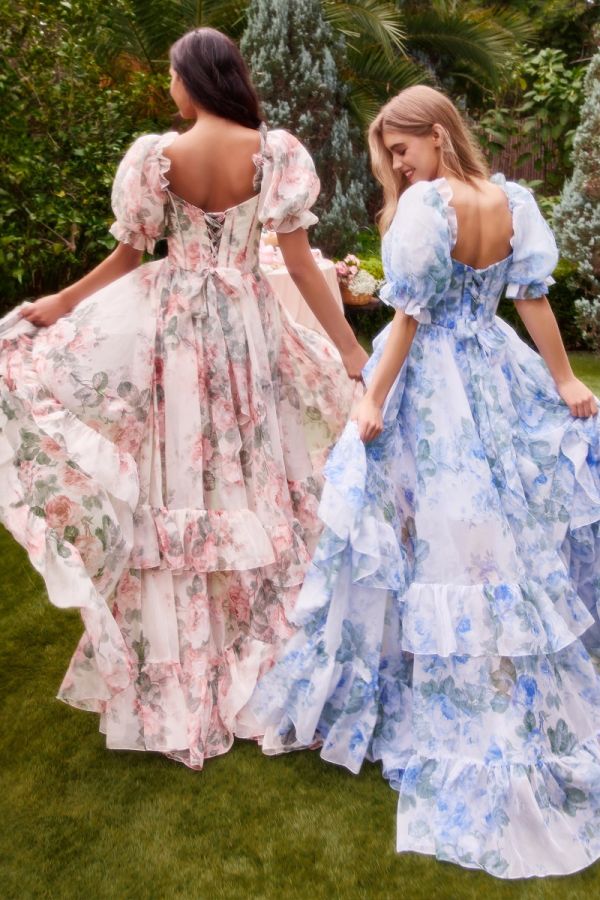 Long Floral-Print Prom Dress with Puff Sleeves Cream / 6 Long Floral-Print Prom Dress with Puff Sleeves Cream / 6