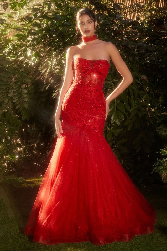 Discover elegance and sophistication in our Andrea & Leo Couture A1345 Long Shimmer Sheer Mermaid Prom Dress. The corset design highlights your figure and the choker adds a touch of glamour. Made with a shimmering sheer fabric, this gown will make you stand out at any event. Indulge in the allure of our strapless red mermaid gown—a sultry masterpiece designed to captivate. 