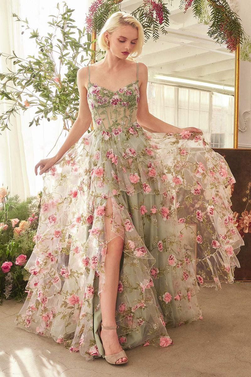 Andrea & Leo Couture A1420 Prom Dress Ruffle A Line Corset Layered Print Floral Gown 4 / Sage