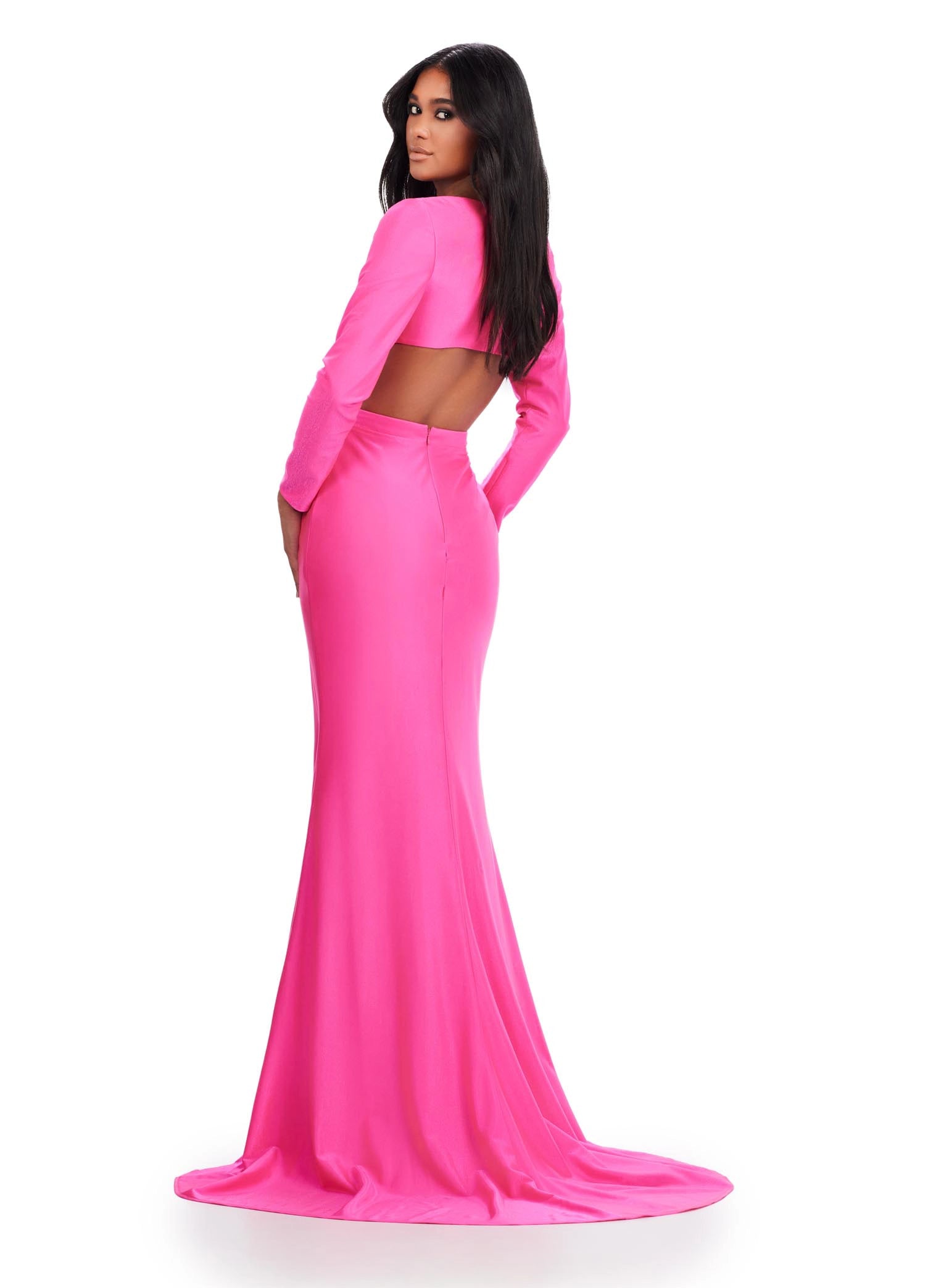 Look fabulous on prom night in the Ashley Lauren 11607 Jersey Cutout Dress. Cut from stretch jersey, this formal gown features a fitted skirt with a high side slit, long sleeves, and a scoop neckline with cutout detail. Make an unforgettable entrance in this figure-flattering style. Be unique in this v-neckline gown with crisscross cut out bodice. The look is accented with a fitted draped skirt and long sleeves.  COLORS: Yellow, Turquoise, Hot Pink, Coral