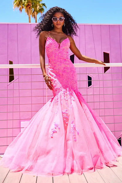 Ellie Wilde EW34011 Size 8 Hot Pink Prom Dress Sequin Backless Corset Mermaid Shimmer Formal Gown V Neck