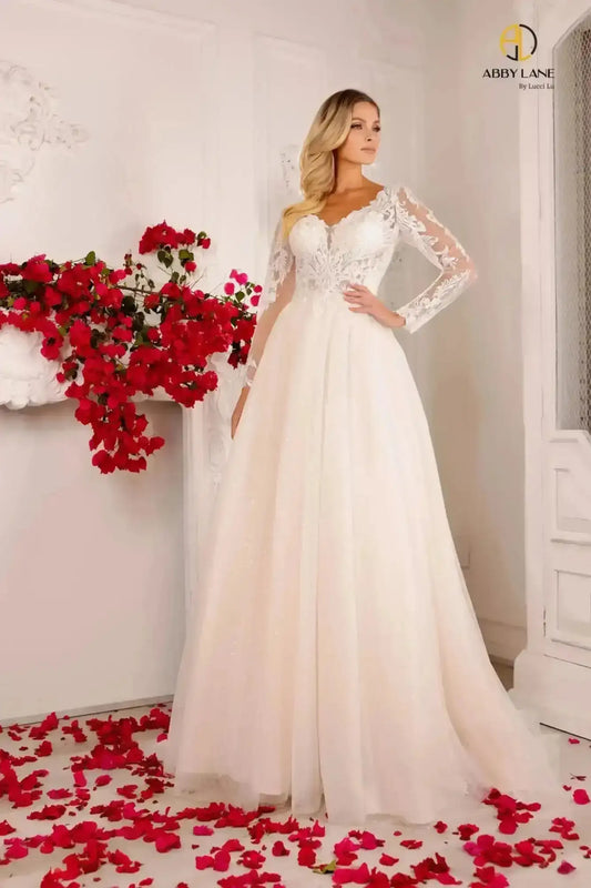 Lucci Lu 97136 A Line Wedding Dress Sheer Lace Long Sleeve Bridal Gown Shimmer Tulle Backless   Color: Ivory  size 12