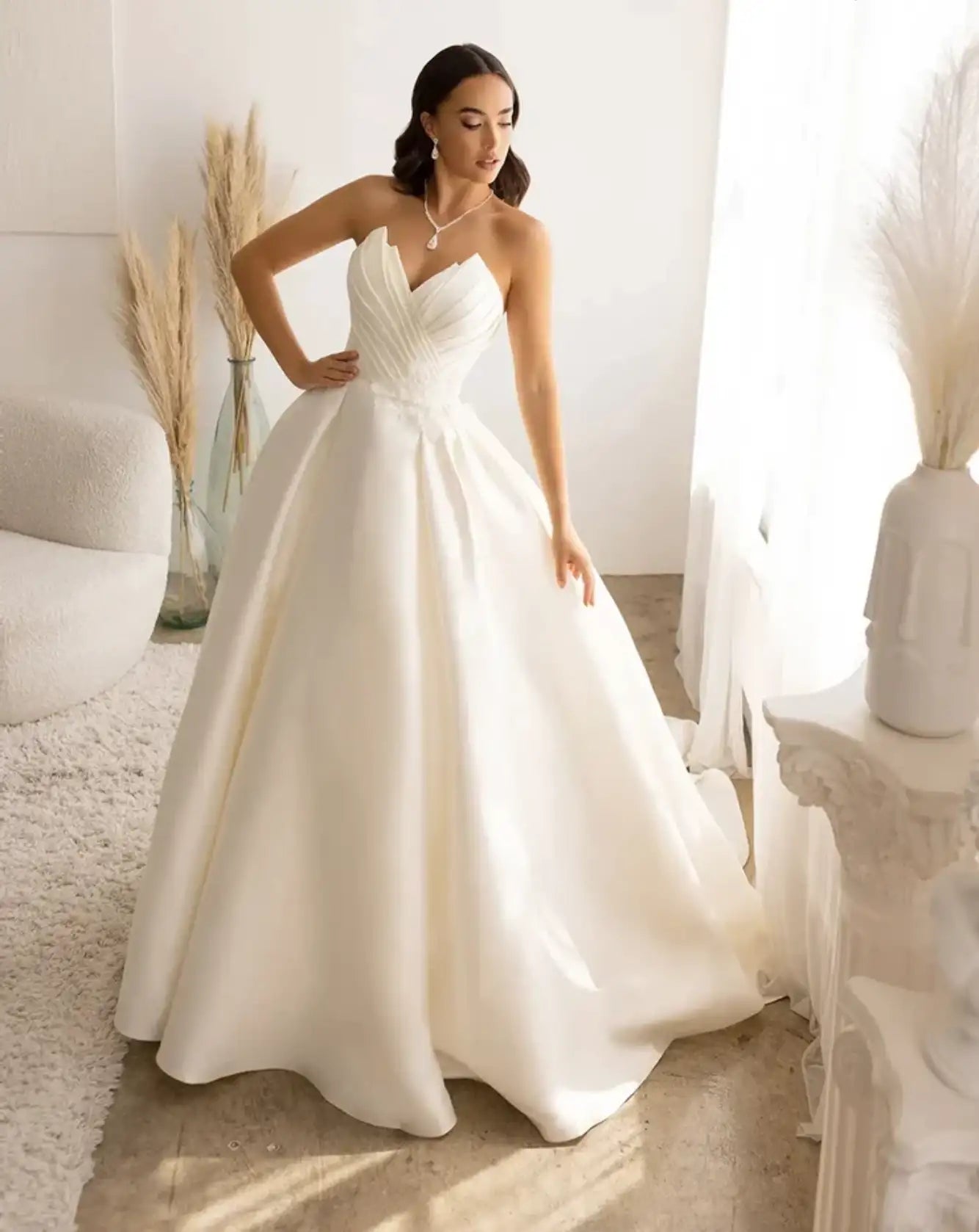 Beaded Neckline Ruched Ivory Satin Long Wedding Dress - VQ