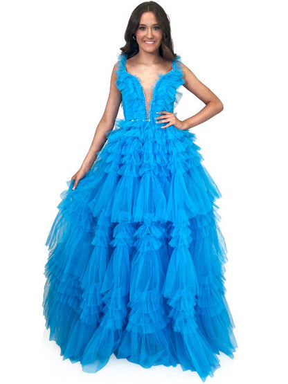 The Marc Defang 8092 Prom Dress is perfect for any ballroom. With its V neckline, long tulle layered ruffles, and sparkling crystal detail, it is sure to make you the center of attention. Its comfortable fit and luxe fabric makes it the ideal choice for a special occasion.  Sizes: 00-16  Colors: Hot Pink, Aqua, White, Royal, Red