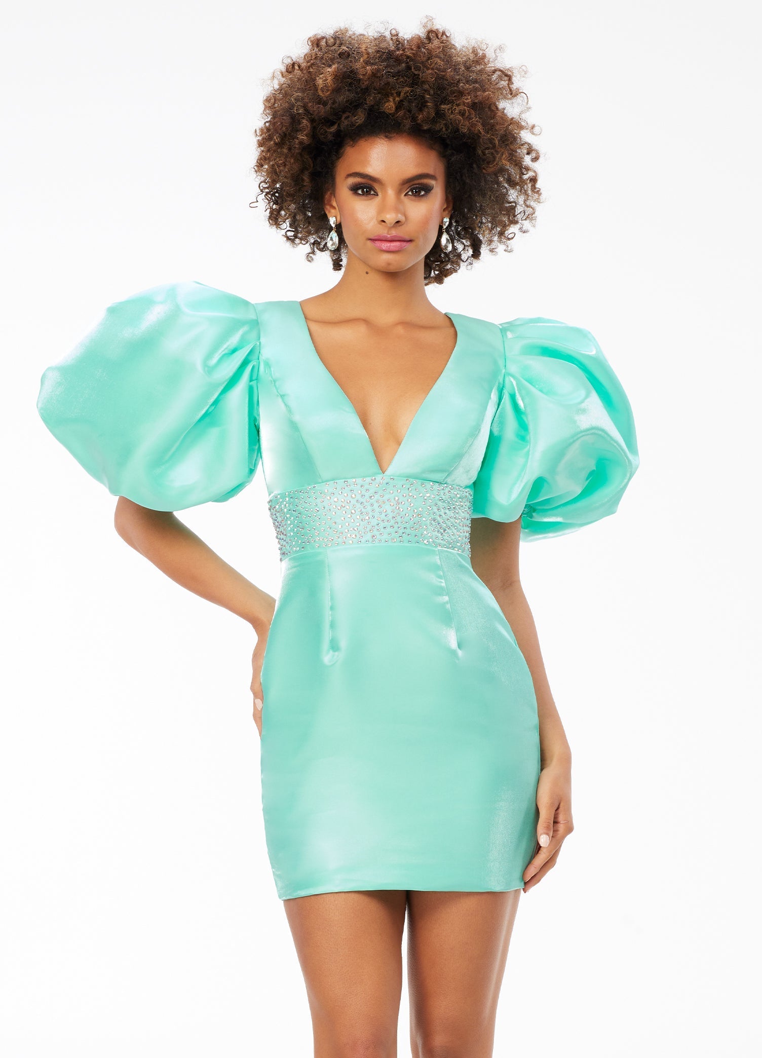 Ashley Lauren 4549 Satin Cocktail Dress Short Puff Sleeve Fitted Backless Corset Glass Slipper Formals Ashley Lauren 4549 Satin Cocktail Dress Short Puff Sleeve Fitted Backless Corset Glass Slipper Formals