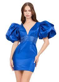 short satin puff sleeve dress with empire waist Niagara blue satin puff sleeve short dress