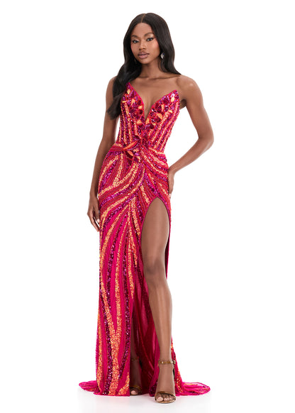 Ashley Lauren 11236 Orange Raspberry Long Fitted V Neck Slit Beaded Sequin Prom Dress Pageant Gown