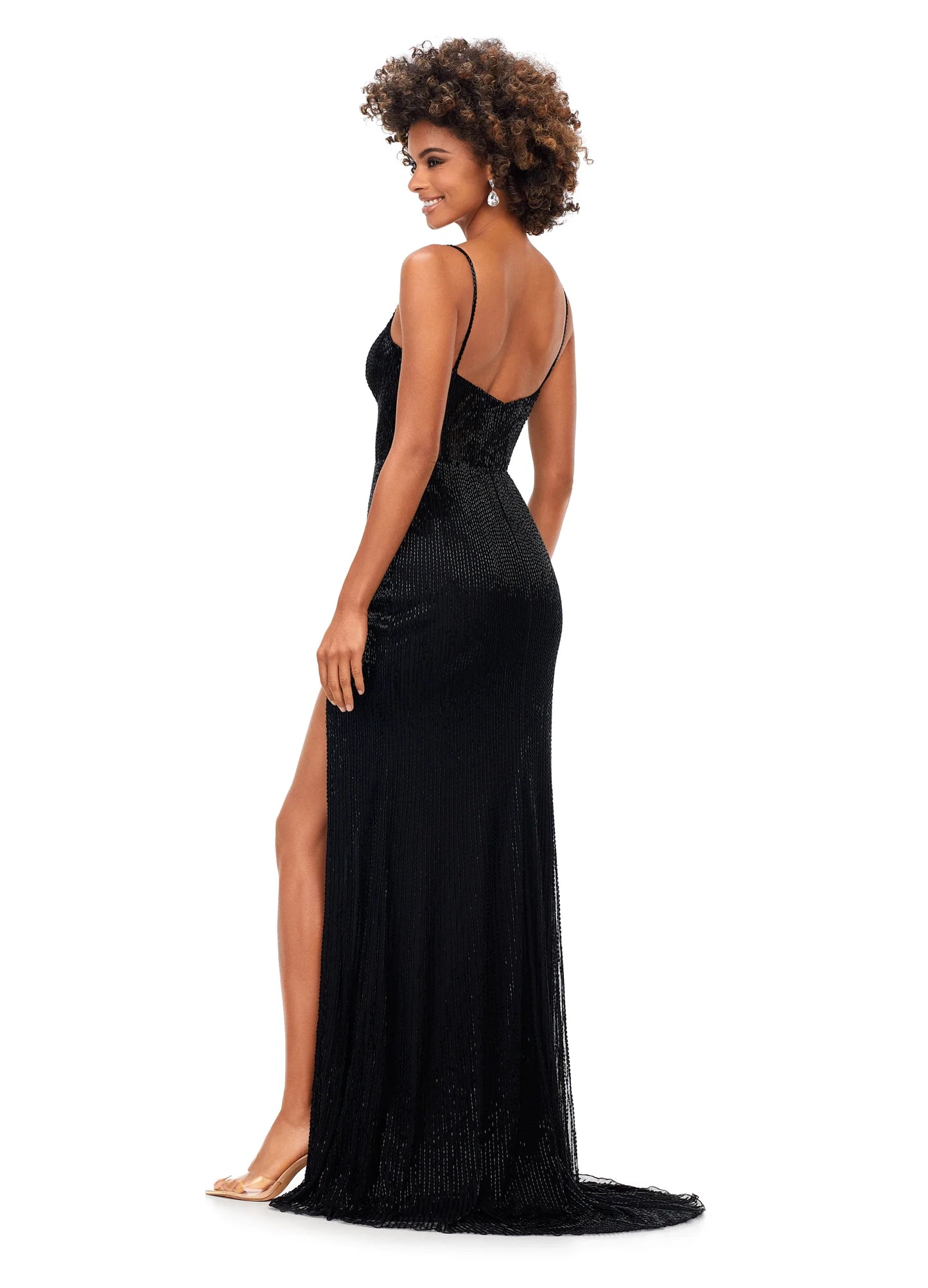 Ashley Lauren 11369 This liquid beaded style features an exposed bustier that is sure to accentuate your curves. The look is complete with sweep train and left leg slit. Spaghetti Straps Exposed Bustier Left Leg Slit Fully Liquid Beading Size: 4, 8   Color: BLACK