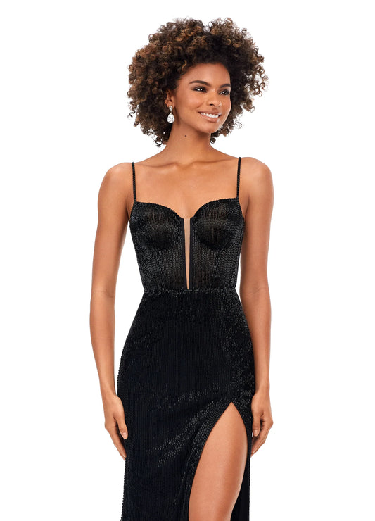 Ashley Lauren 11369 This liquid beaded style features an exposed bustier that is sure to accentuate your curves. The look is complete with sweep train and left leg slit. Spaghetti Straps Exposed Bustier Left Leg Slit Fully Liquid Beading Size: 4, 8   Color: BLACK