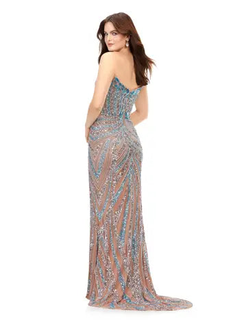 Ashley Lauren 11236 Long Fitted V Neck Slit Beaded Sequin Prom Dress Pageant Gown This strapless gown is sure to turn heads. The sweetheart neckline is complete with a modern floral sequin motif that continues down the bustier and skirt. The skirt is complete with a left leg slit.