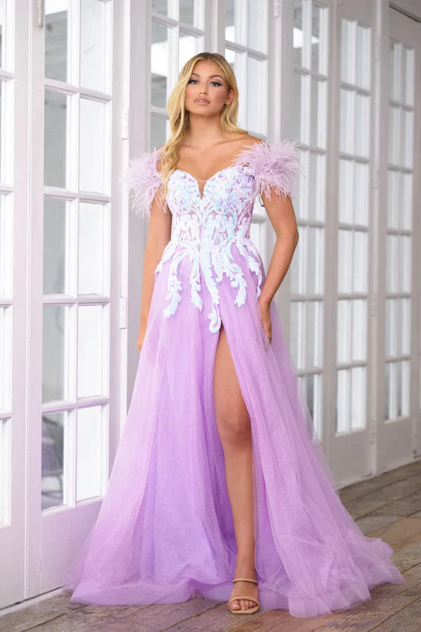 Ava Presley 39213 Size 14 Lilac A Line off the shoulder Shimmer Feather Prom Dress Slit Sequin Gown