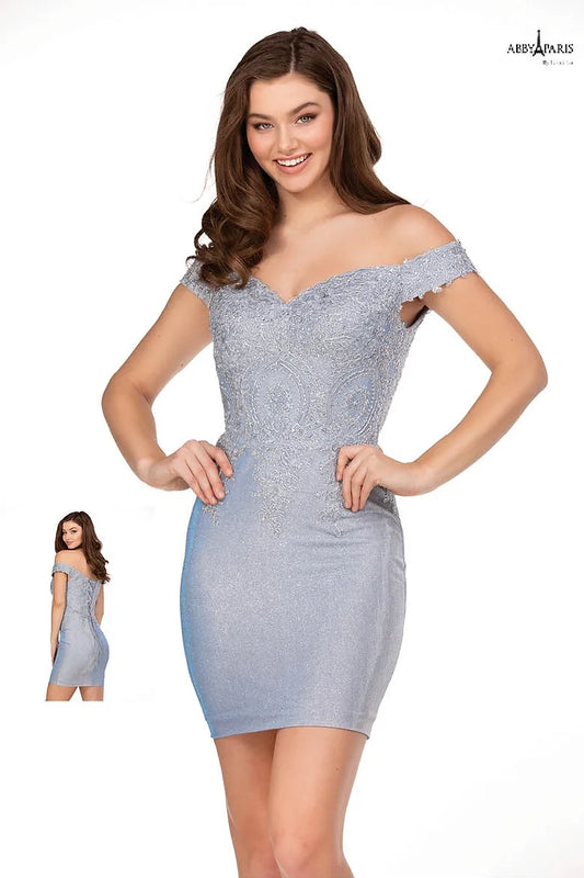 Abby Paris 94095 Size 10 Blue Short Shimmer Homecoming Dress Lace off the shoulder gown  Size: 10  Color: Powder Blue