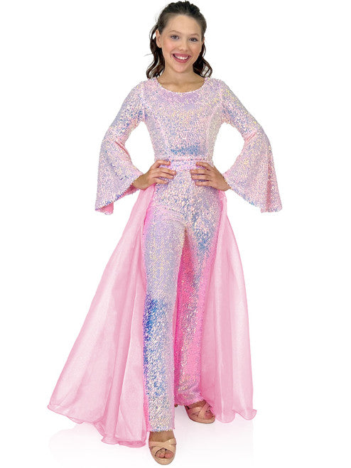 Marc Defang 8004K Sequin Bell Sleeve Pageant Jumpsuit Overskirt Fun Fashion   Price is inclusive of overskirt  Fully beaded jumpsuit Bell sleeve Option of matching overskirt Knitted inner comfort lining  Available Sizes: 4-14  Available Colors: Baby Pink, Light Purple, Light Orange, Mint