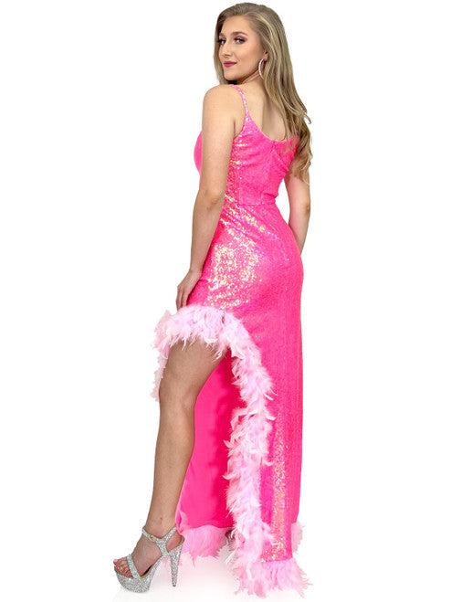 This Marc Defang 8221 dress is perfect for prom, pageants, and other special occasions. Crafted from soft, sequin fabric and finished with an elegant feather trim, it is both stylish and comfortable. The high-cut slit design and fitted silhouette make it a must-have for special events. contact us for additional colors  Sizes: 00-16  Colors: Neon Pink, White AB