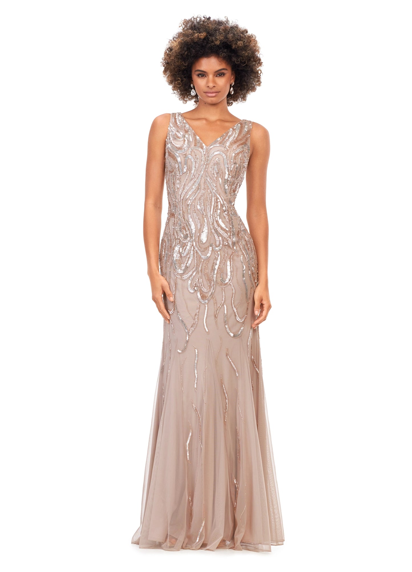 Ashley Lauren 11204 V-Neck Sequin V-Back Hand Beaded Sheer Long Evening Dress. This classic fitted gown features a v-neckline, v-back and a flattering bead pattern.