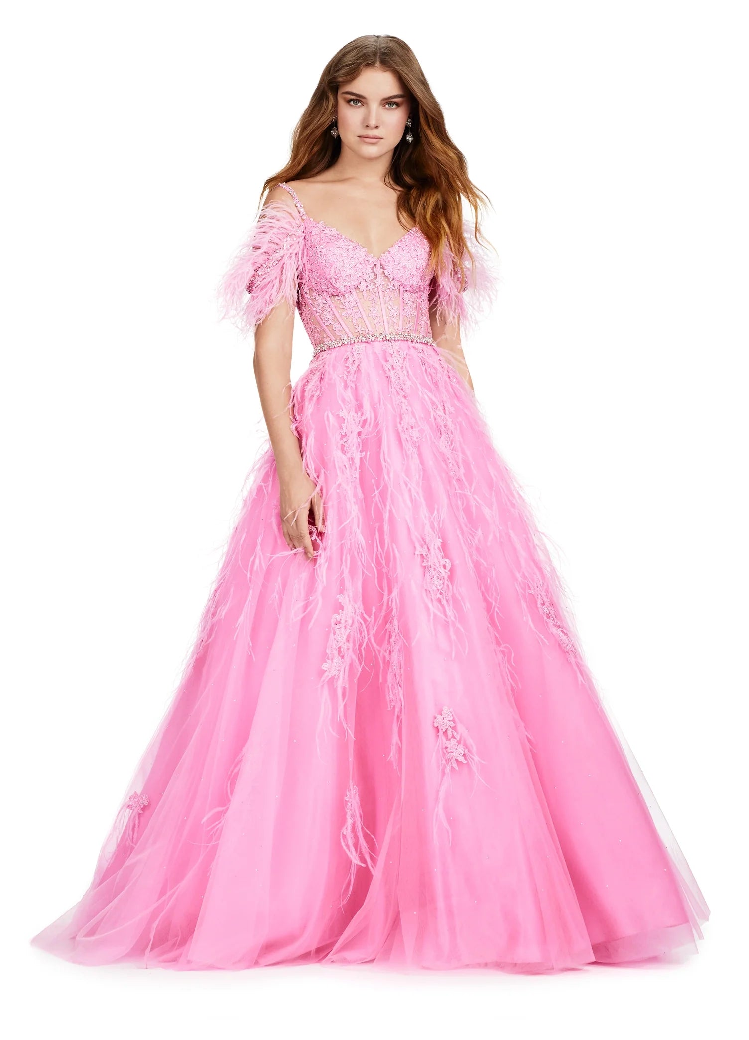 The Ashley Lauren 11447 Long off the shoulder Feather Ball Gown Prom Dress with Lace Corset is a stunning formal wear choice. This elegant design features a long A-line skirt with an inset lace bodice with off-the-shoulder straps and a full feather skirt. The corset waistline flatters your figure and creates an hourglass silhouette. Make a statement wearing this timeless design. Crystal embellished straps and wait band.

Sizes: 00-18

Colors: Pink, Orchid, Sky