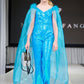 Marc Defang KIDS 8099K Size 6 Blue Pageant Jumpsuit sequins off the shoulder straps cape and feathers