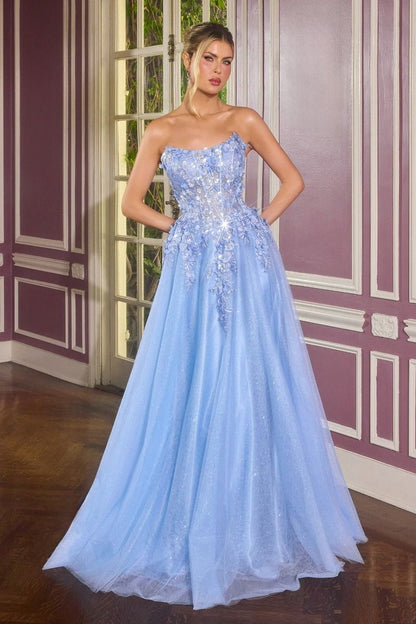 L:adivine C174 Strapless Sheer Scoop Corset Prom Dress with A-Line Train Make an unforgettable entrance in this sophisticated L:adivine prom gown. The strapless design features a sheer scoop neckline that frames the shoulders elegantly, while the structured corset bodice provides flattering support and definition. The flowing A-line silhouette transitions into a graceful train, creating movement and drama as you walk. Crafted for the discerning prom-goer who values both architectural design and timeless ele