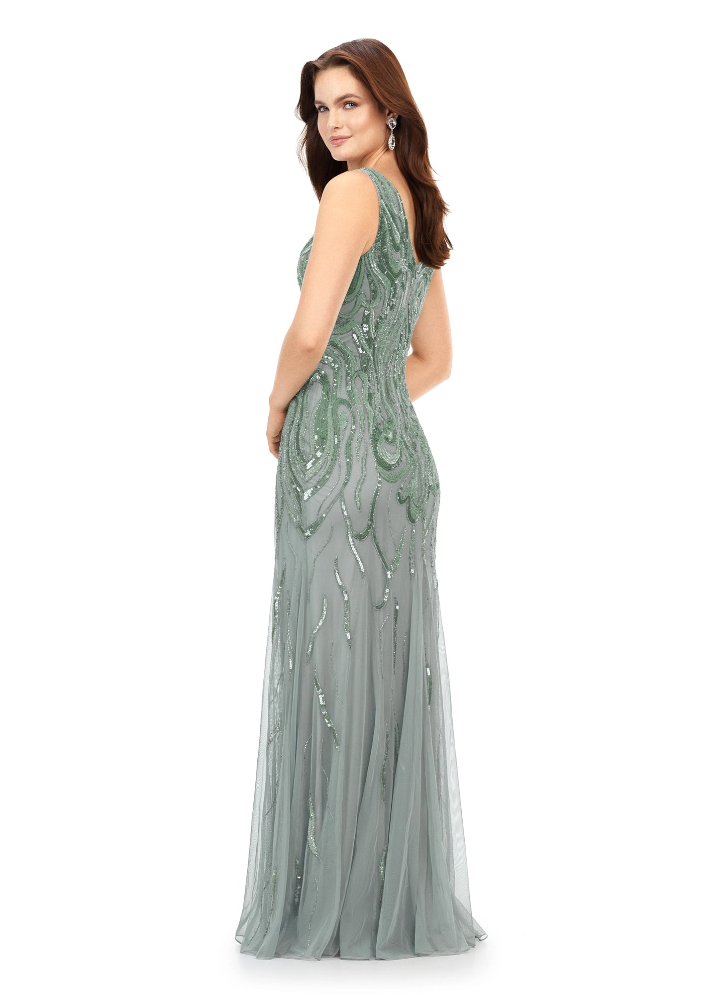 Ashley Lauren 11204 V-Neck Sequin V-Back Hand Beaded Sheer Long Evening Dress. This classic fitted gown features a v-neckline, v-back and a flattering bead pattern.