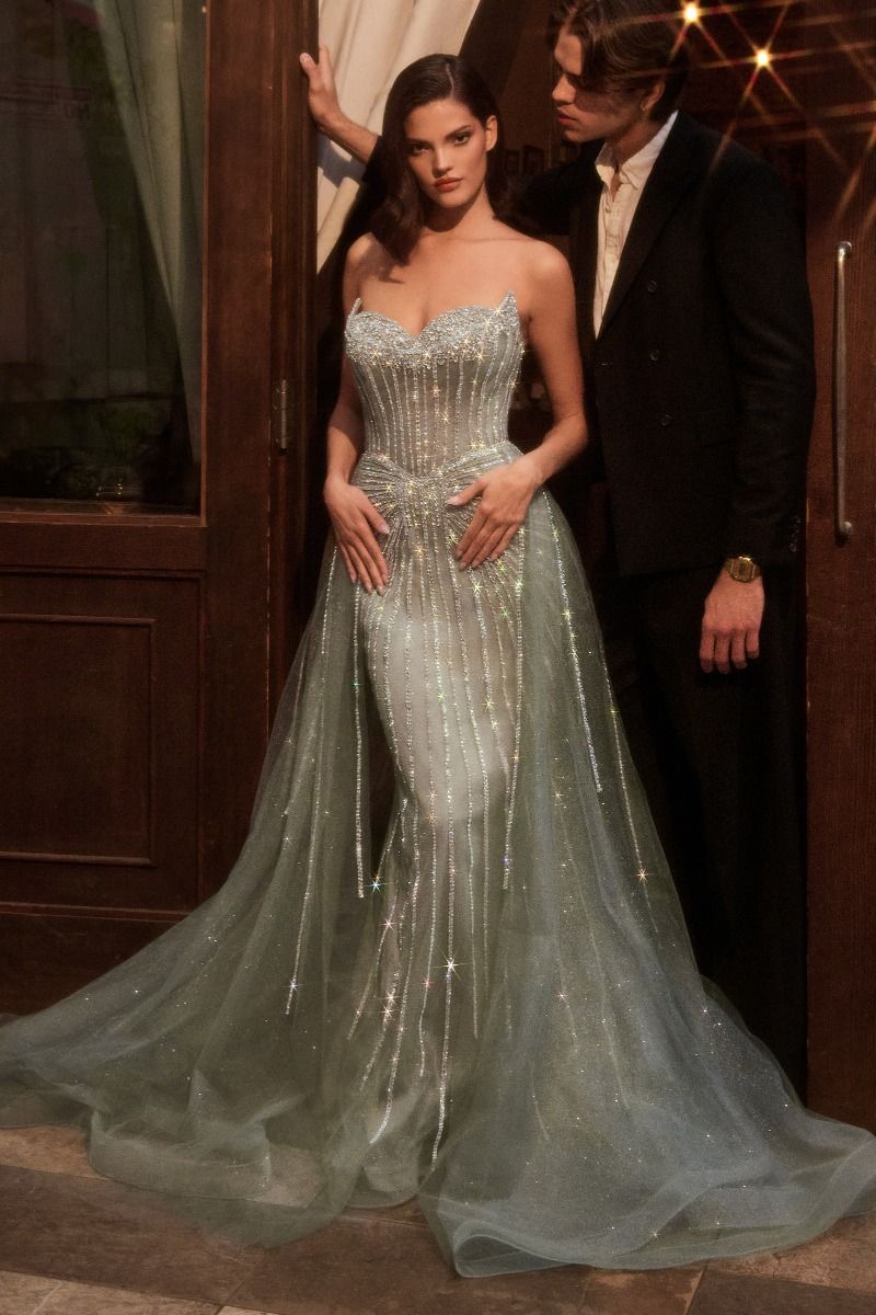 Ladivine CB158 Crystal Corset Fitted Prom Dress Overskirt Pageant Gown Formal evening Red Carpet Bridal