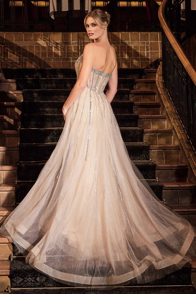 Ladivine CB158 Strapless Crystal Embroidered Overskirt Gown, Sage / 4 Ladivine CB158 Strapless Crystal Embroidered Overskirt Gown, Sage / 4