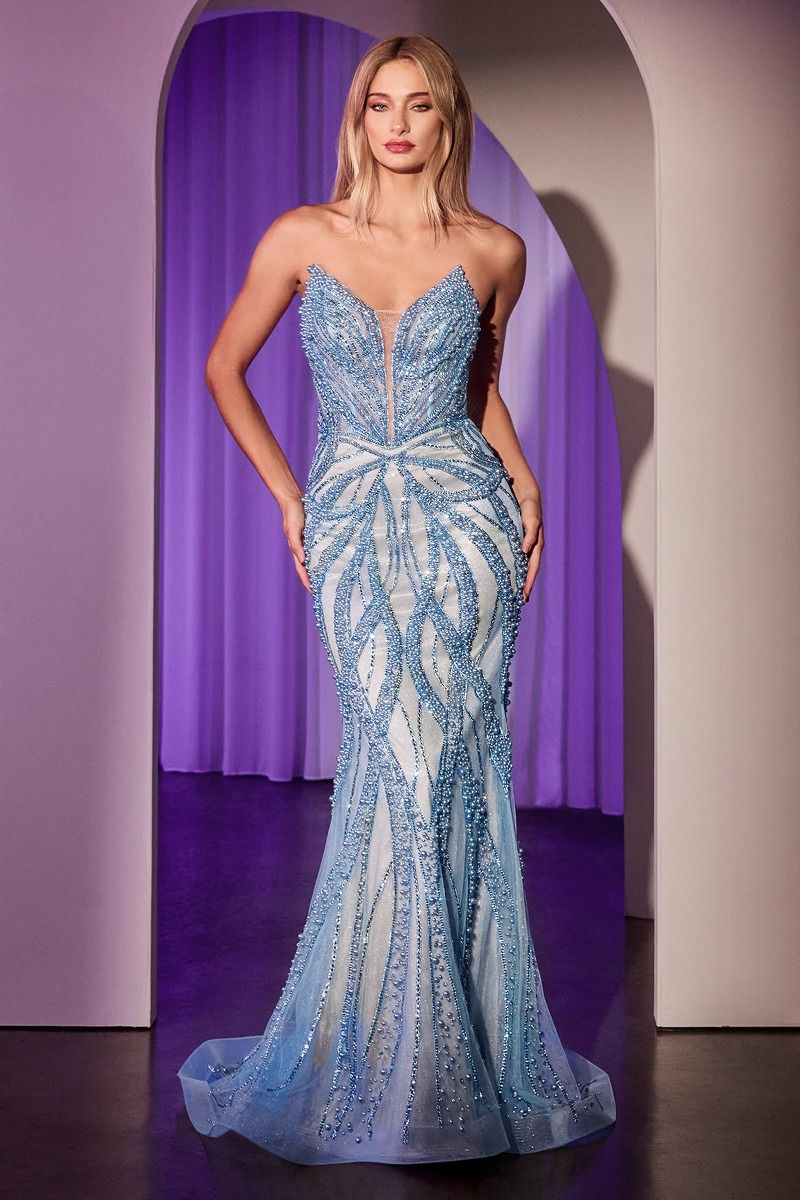 Ladivine CC0688 Strapless Plunging Neckline Prom Dress with Train, Crystals and Pearls Designed for the confident bride or prom attendee, this Ladivine gown features a striking strapless cut with a deep plunging neckline that exudes modern glamour. Hand-placed crystals and pearls embellish the bodice and cascade down the skirt, creating a shimmering focal point. The elegant train extends your silhouette with refined movement and presence. A sophisticated choice for those who prioritize impactful design and 
