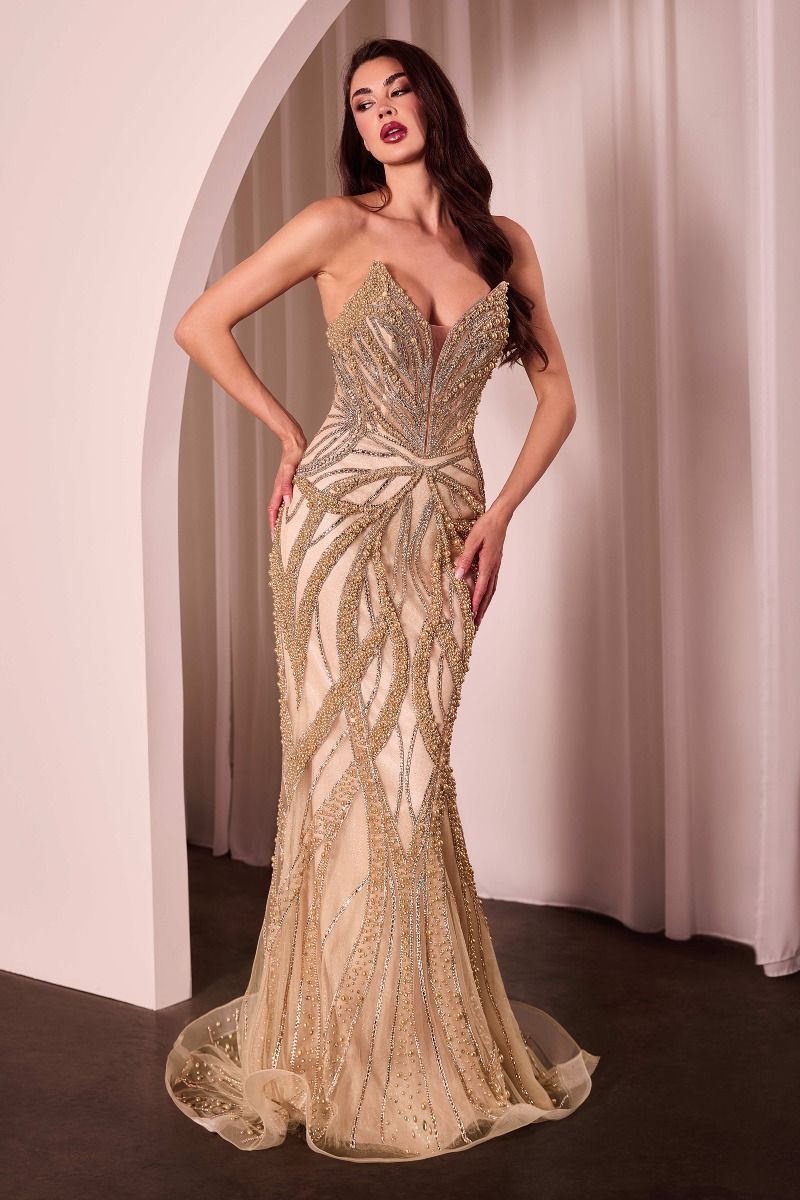 Ladivine CC0688 Strapless Plunging Neckline Prom Dress with Train, Crystals and Pearls Designed for the confident bride or prom attendee, this Ladivine gown features a striking strapless cut with a deep plunging neckline that exudes modern glamour. Hand-placed crystals and pearls embellish the bodice and cascade down the skirt, creating a shimmering focal point. The elegant train extends your silhouette with refined movement and presence. A sophisticated choice for those who prioritize impactful design and 