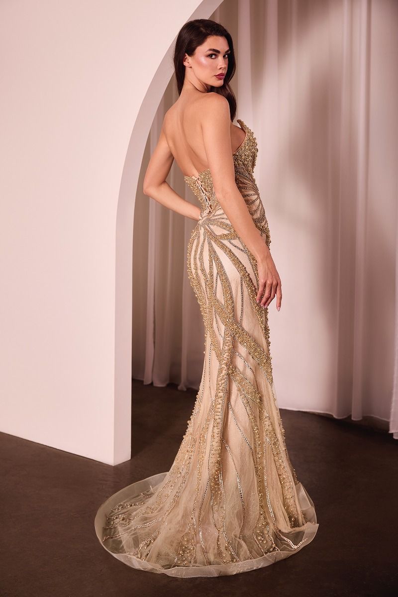 Ladivine CC0688 Strapless Plunging Neckline Prom Dress with Train, Crystals and Pearls Designed for the confident bride or prom attendee, this Ladivine gown features a striking strapless cut with a deep plunging neckline that exudes modern glamour. Hand-placed crystals and pearls embellish the bodice and cascade down the skirt, creating a shimmering focal point. The elegant train extends your silhouette with refined movement and presence. A sophisticated choice for those who prioritize impactful design and 