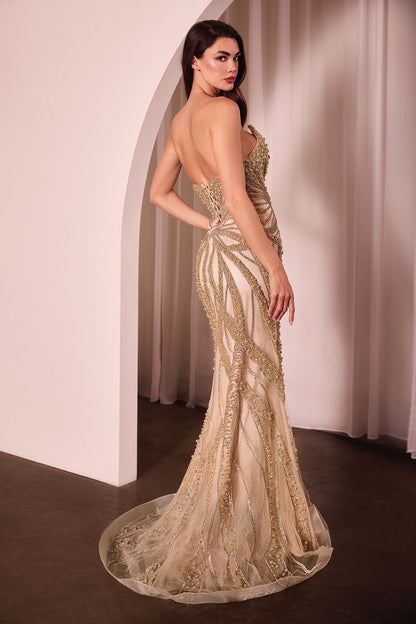 Ladivine CC0688 Strapless Plunging Neckline Prom Dress with Train, Crystals and Pearls Designed for the confident bride or prom attendee, this Ladivine gown features a striking strapless cut with a deep plunging neckline that exudes modern glamour. Hand-placed crystals and pearls embellish the bodice and cascade down the skirt, creating a shimmering focal point. The elegant train extends your silhouette with refined movement and presence. A sophisticated choice for those who prioritize impactful design and 