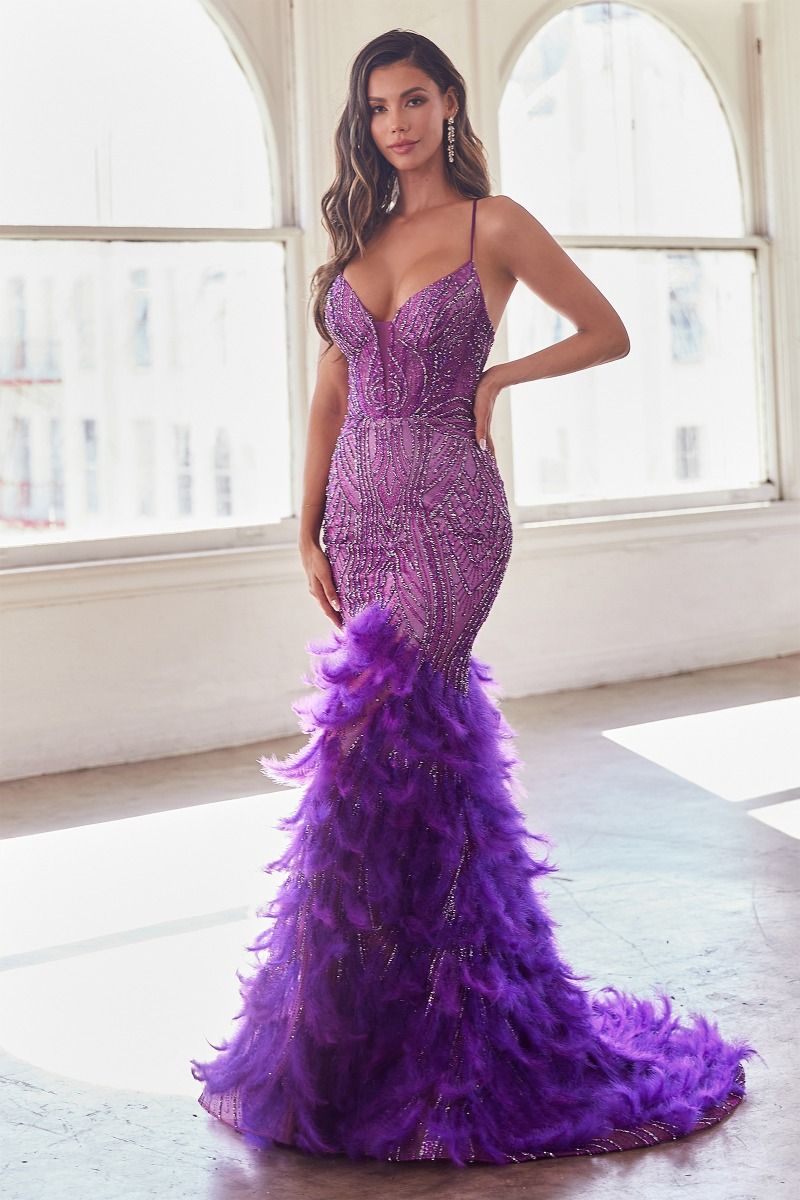 Cute Mermaid V Neck Lavender Sequins Long Prom Dresses with Ostrich Feather  VK23061301