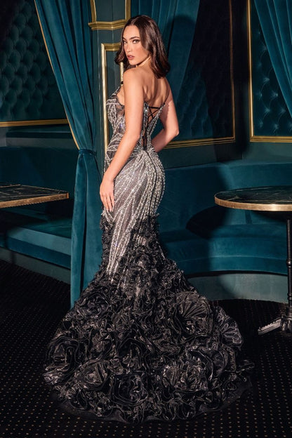 This Ladivine CC2488 sheath features a sheer crystal-embellished mermaid silhouette that contours the body with elegance. Designed with a corset bodice and a plunging neckline, it provides structured support while enhancing the figure. The ruffle skirt adds dramatic movement, complemented by a daring side slit for effortless grace. Ideal for prom, evening events, or pageants, this gown combines modern sophistication with timeless glamour.&nbsp;

This fitted mermaid gown features a plunging neckline and a st