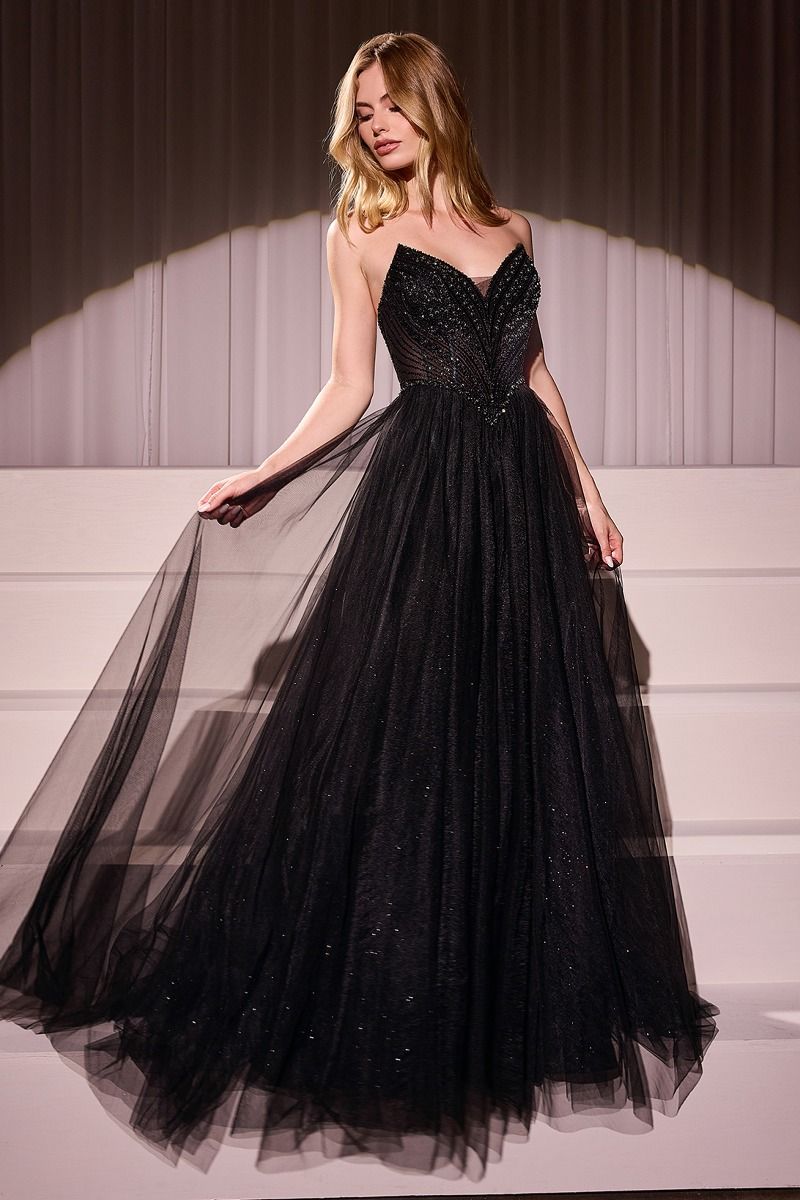 Ladivine CC415 Sheer Beaded V Neck Corset Prom Dress A Line Shimmer Ballgown Formal Gown 16 / Black