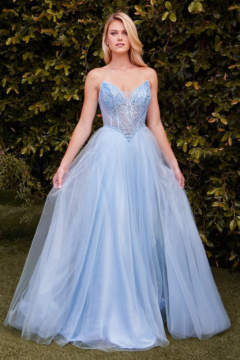 Ladivine CC415 Sheer Beaded V Neck Corset Prom Dress A Line Shimmer Ballgown Formal Gown 16 / Smoky Blue Ladivine CC415 Sheer Beaded V Neck Corset Prom Dress A Line Shimmer Ballgown Formal Gown 16 / Smoky Blue