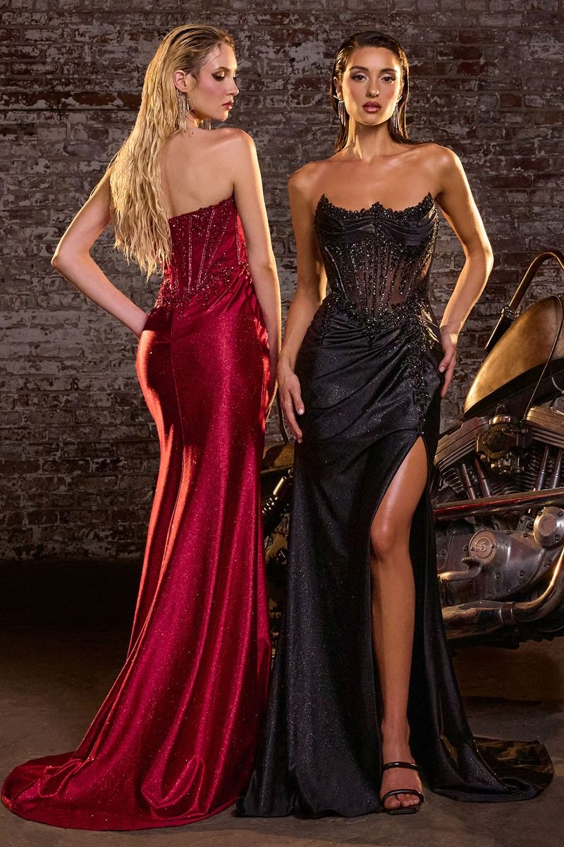 Elevate your prom night with the Ladivine CC463, a stunning strapless design featuring intricate beading across a sheer corset bodice. The sweetheart neckline flatters your silhouette while the dramatic slit train adds movement and sophistication. Crafted for those seeking a show-stopping formal look, this dress combines delicate beadwork with elegant draping for an unforgettable entrance.

Silhouette:&nbsp;Fitted
Design:&nbsp;Strapless sweetheart neckline, sheer beaded corset bodice &amp; high slit
Fabric 