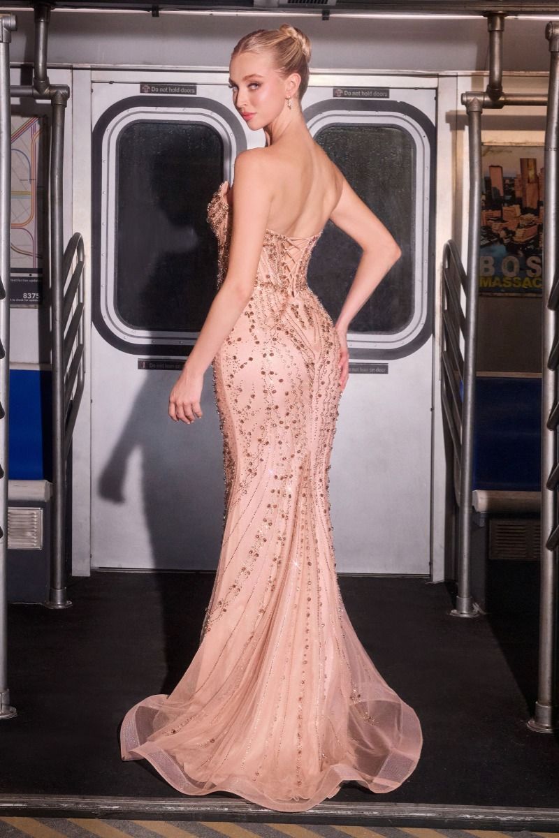Elevate your prom night with the Ladivine CC8262, a strapless masterpiece that combines architectural elegance with refined glamour. The sheer crystal-embellished corset bodice creates a striking silhouette, offering structured support and eye-catching sparkle. This gown delivers the sophisticated drama expected at formal events, with meticulous beading that catches light beautifully. Perfect for those seeking a show-stopping entrance with premium construction and timeless appeal.

Silhouette:&nbsp;Fitted m