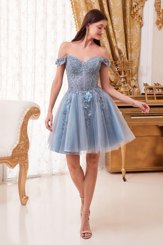 Ladivine CD0194 Short A Line Lace Corset off the Shoulder Cocktail Dress Formal Homecoming Gown