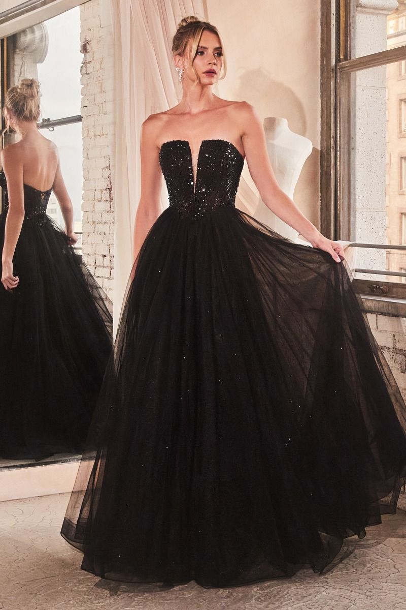Ladivine CD0217 Strapless Sequin Shimmer Tulle Ballgown Formal Dress Prom V Neck Gown 4 / Black Ladivine CD0217 Strapless Sequin Shimmer Tulle Ballgown Formal Dress Prom V Neck Gown 4 / Black