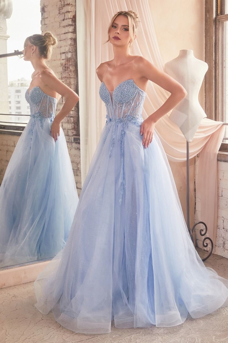 Ladivine CD0230 Beaded Sheer Corset A Line Maxi Slit Prom Dress Shimmer Ballgown Formal 4 / Light Blue