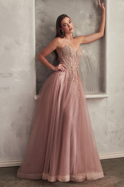 Ladivine CD0230 Size 6 SAGE  Beaded Sheer Corset A Line Maxi Slit Prom Dress Shimmer Ballgown Formal