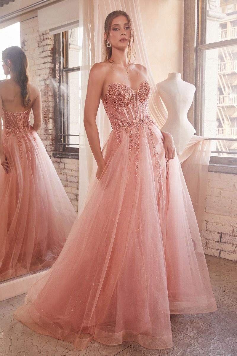 Ladivine CD0230 Beaded Sheer Corset A Line Maxi Slit Prom Dress Shimmer Ballgown Formal 4 / Light Blue