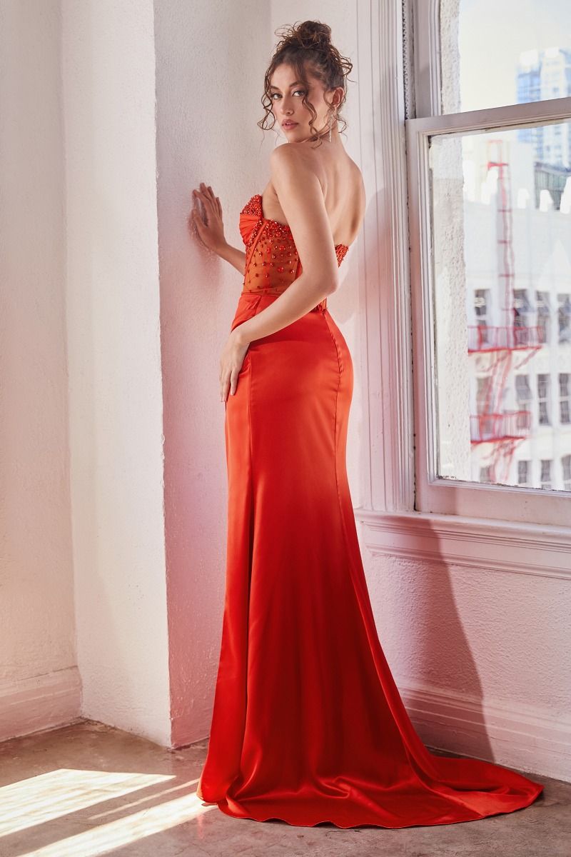 Ladivine CD295 This elegant gown is crafted from Ladivine satin with embellishments of crystal points. A corset top fastens with hook-and-eye closure and features a deep V-neckline and sheer long sleeved bodice. It is finished with a maxi-length skirt with a side slit for a dramatic look. Perfect for any formal occasion.&nbsp;Bring out your inner glamour queen in this exquisite satin embellished corset dress. This figure-hugging satin gown is perfect for special occasions and will ensure you are the center 