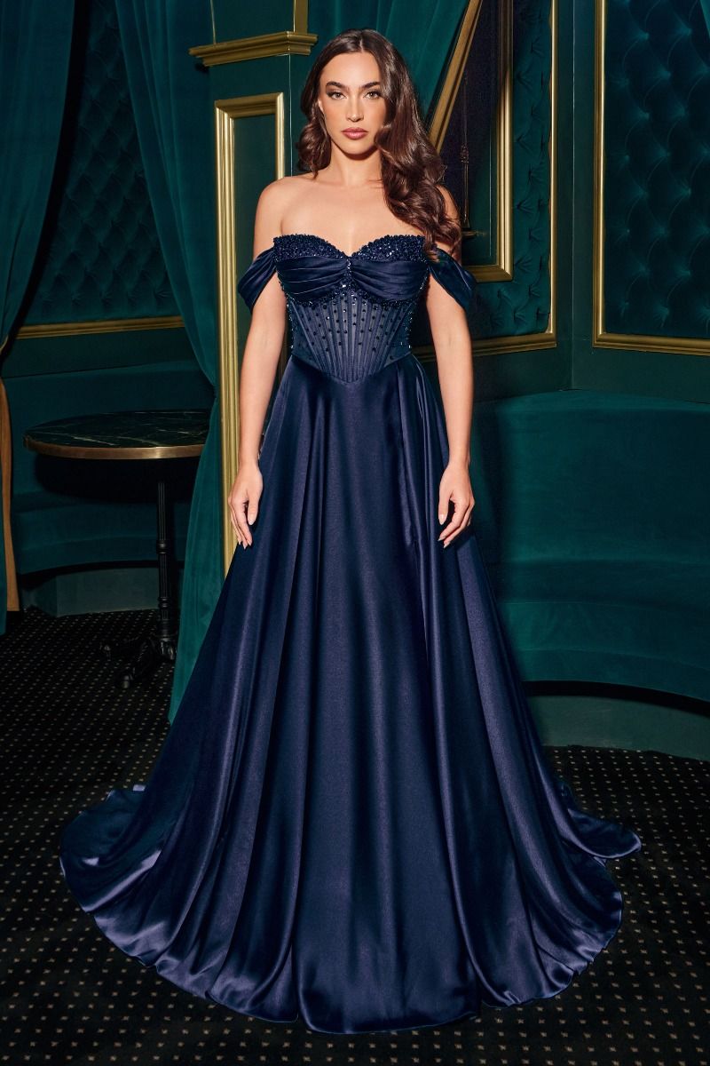 This stunning Ladivine CD297 A-line evening gown combines a strapless sweetheart neckline with removable off-the-shoulder straps for versatile elegance. The intricately beaded bodice features mini floral embellishments, paired with a soft satin skirt that boasts a graceful leg slit. Designed with a structured boned bodice and lace-up corset back, it’s an ideal choice for prom or any formal event where refined beauty is key.