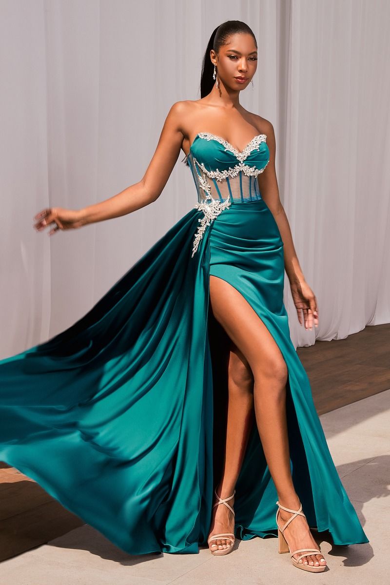 Ladivine CD343 Size 4,6 SAGE Sheer Corset Satin Slit Prom Dress Crysta Ladivine CD343 Size 4,6 SAGE Sheer Corset Satin Slit Prom Dress Crysta
