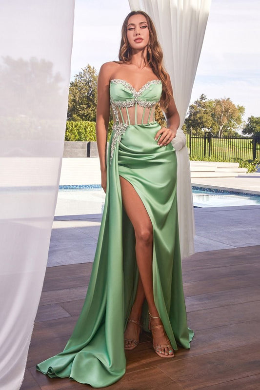 Experience elegance and glamour with the Ladivine CD343 Sheer Corset Satin Slit Prom Dress. This stunning gown features a crystal V-neckline and a strapless design, accentuating your figure. The sheer corset adds a touch of sensuality, while the overskirt adds drama and movement. Make a statement at your next special event with this eye-catching dress. Feel like a goddess in this breathtaking satin evening gown!